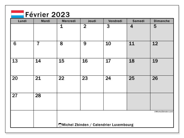 Calendrier avec jours fériés du Luxembourg, février 2023, pour imprimer, gratuit. Planning gratuit à imprimer