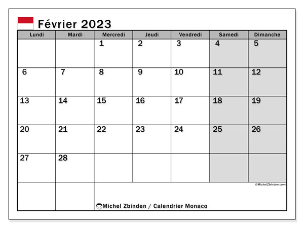 Calendrier à imprimer, février 2023, Monaco