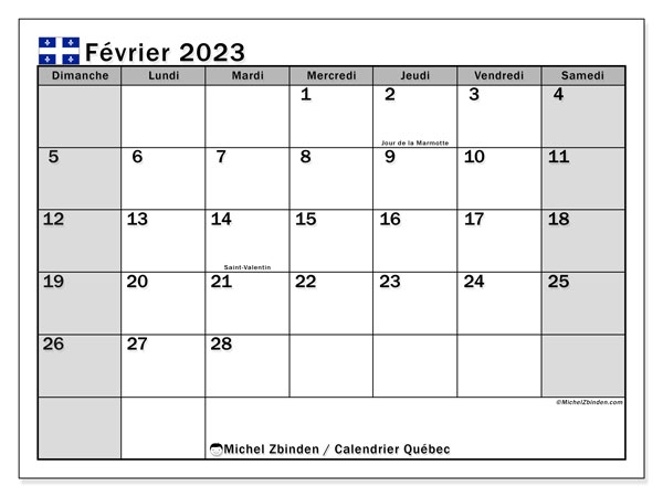 Calendrier à imprimer, février 2023, Québec