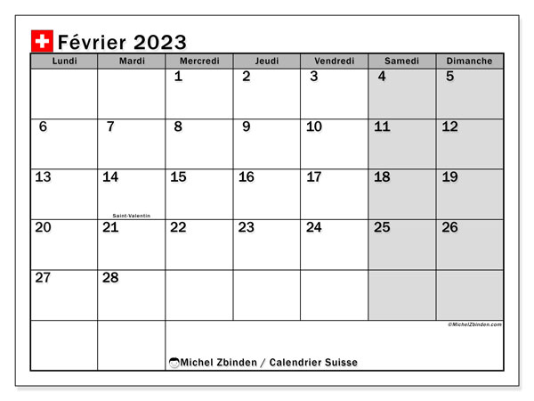 Calendrier à imprimer, février 2023, Suisse