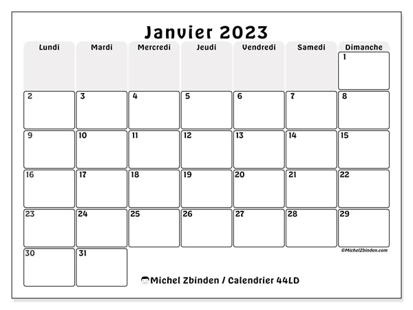 44LD, calendrier janvier 2023, pour imprimer, gratuit.