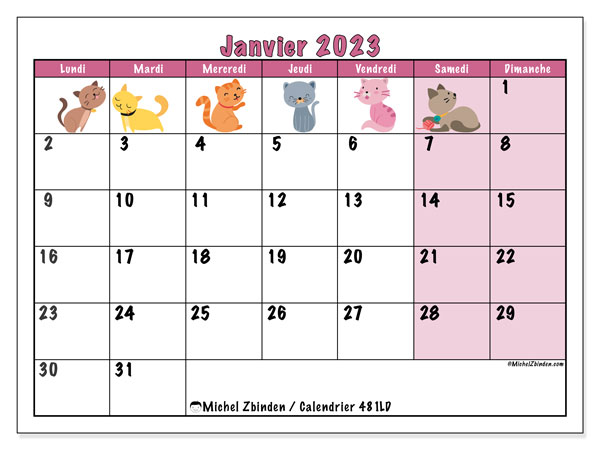 Calendrier janvier 2023 à imprimer. Calendrier mensuel “481LD” et planificateur à imprimer gratuit