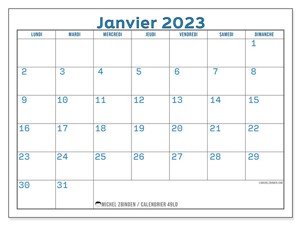 Calendrier janvier 2023 à imprimer. Calendrier mensuel “49LD” et agenda gratuit à imprimer
