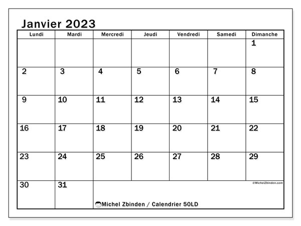50LD, calendrier janvier 2023, pour imprimer, gratuit.