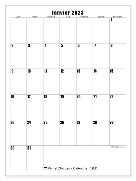 Calendrier janvier 2023 à imprimer “52LD”, agenda à imprimer gratuit, style unique en format portrait, avec une écriture en gras, bien lisible.