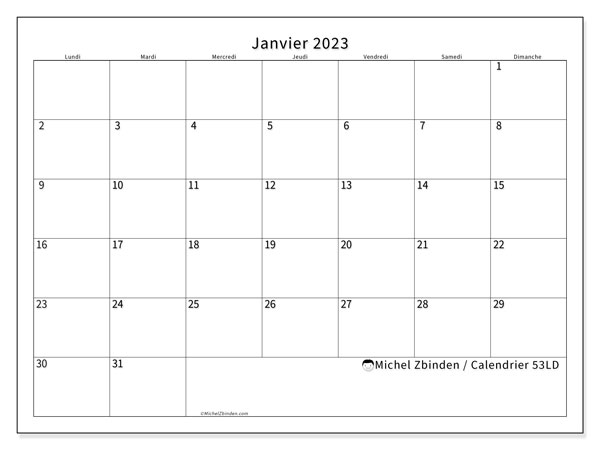 53LD, calendrier janvier 2023, pour imprimer, gratuit.