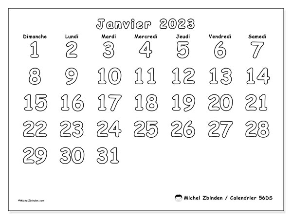 Calendrier janvier 2023 à imprimer. Calendrier mensuel “56DS” et agenda imprimable gratuit