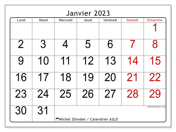 Calendrier janvier 2023 à imprimer “62LD”, planning imprimable gratuit, style grand format, chiffres bien visibles et les weekends sont écrits en rouge.