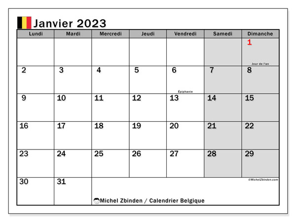 Belgique, calendrier janvier 2023, pour imprimer, gratuit.