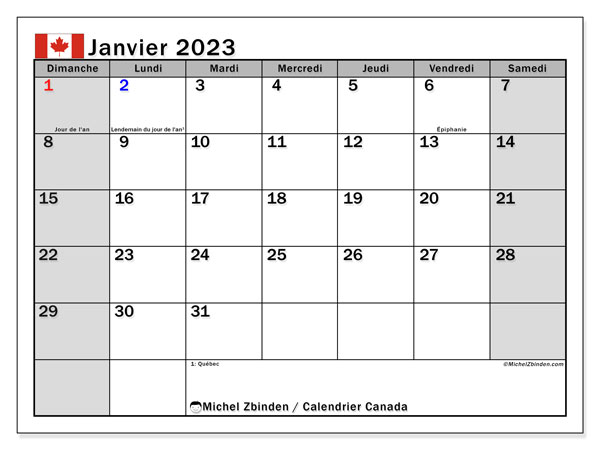 Calendrier “Canada” à imprimer, avec jours fériés. Calendrier mensuel janvier 2023 et planificateur gratuit à imprimer.