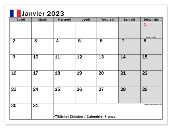 Calendrier à imprimer, janvier 2023, France