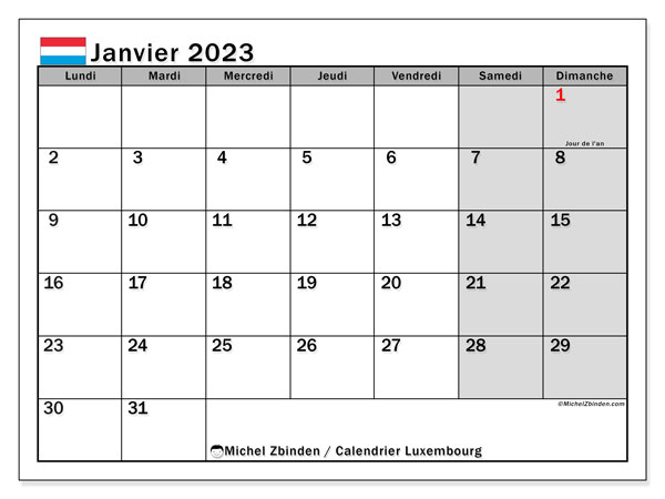 Luxembourg, calendrier janvier 2023, pour imprimer, gratuit.