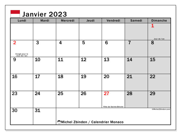 Calendrier à imprimer, janvier 2023, Monaco