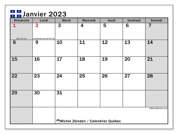 Calendrier à imprimer, janvier 2023, Québec
