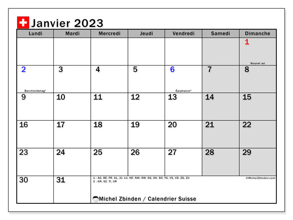 Suisse, calendrier janvier 2023, pour imprimer, gratuit.