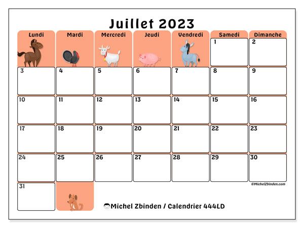 Calendrier juillet 2023 à imprimer. Calendrier mensuel “444LD” et agenda imprimable gratuit