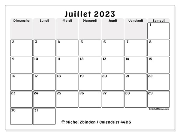 Calendrier juillet 2023 à imprimer. Calendrier mensuel “44DS” et agenda à imprimer gratuit