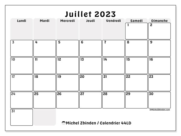 Calendrier juillet 2023 à imprimer. Calendrier mensuel “44LD” et planning à imprimer gratuit