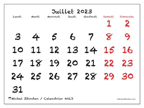 Calendrier juillet 2023 à imprimer. Calendrier mensuel “46LD” et planificateur gratuit à imprimer