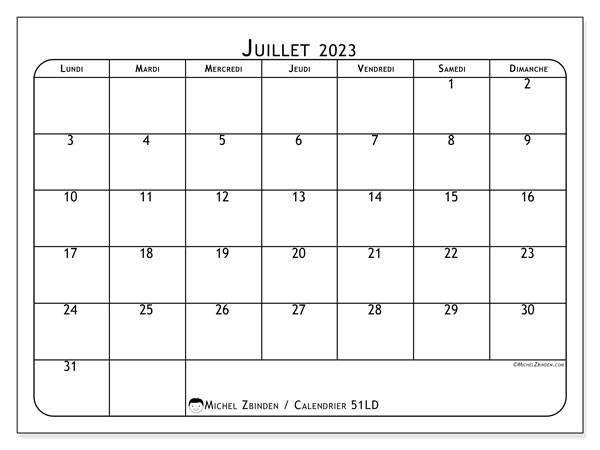 Calendrier juillet 2023 à imprimer. Calendrier mensuel “51LD” et planificateur à imprimer gratuit