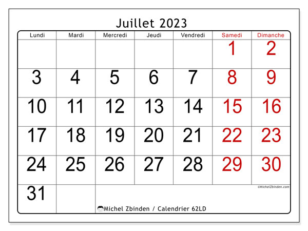 Calendrier juillet 2023 à imprimer. Calendrier mensuel “62LD” et agenda imprimable gratuit