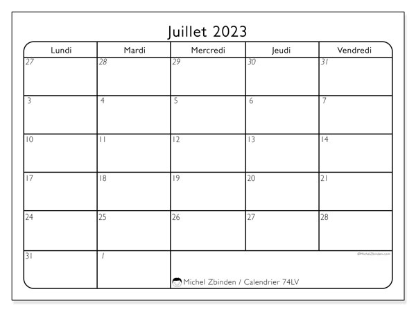 Calendrier juillet 2023 à imprimer. Calendrier mensuel “74DS” et cédule à imprimer gratuite