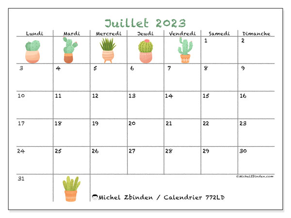 Calendrier juillet 2023 à imprimer. Calendrier mensuel “772LD” et agenda gratuit à imprimer