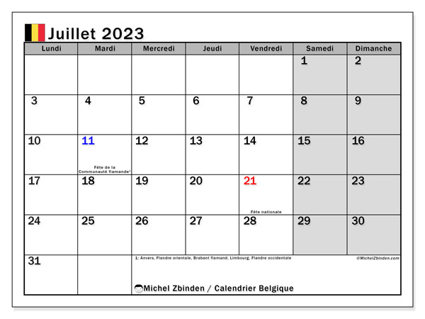 Calendrier juillet 2023, Belgique, prêt à imprimer et gratuit.
