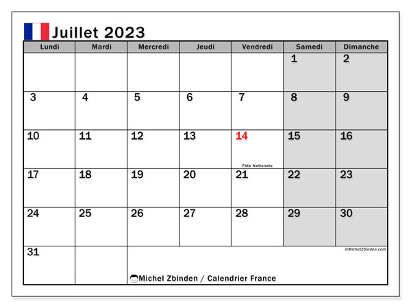 Calendrier juillet 2023, France, prêt à imprimer et gratuit.