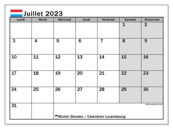 Calendrier juillet 2023, Luxembourg (FR), prêt à imprimer et gratuit.