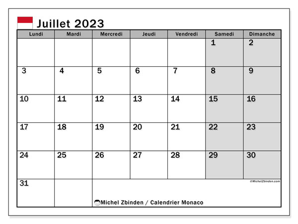 Calendário Julho 2023, Mónaco (FR). Horário gratuito para impressão.