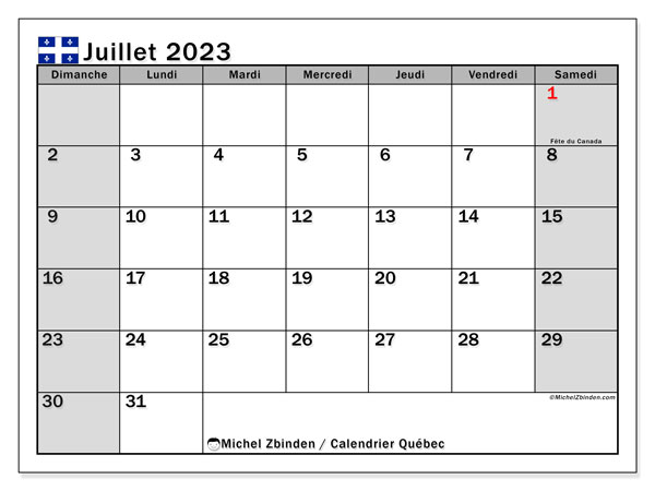 Calendrier “Québec” à imprimer, avec jours fériés. Calendrier mensuel juillet 2023 et cédule imprimable gratuite.