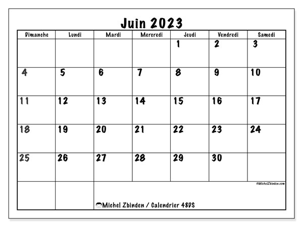 Calendrier juin 2023 “48”. Calendrier à imprimer gratuit.. Dimanche à samedi