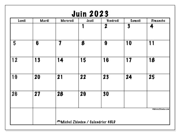 Calendrier juin 2023, 48LD, prêt à imprimer et gratuit.