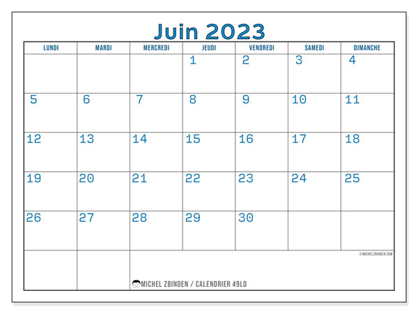 Calendrier juin 2023, 49LD, prêt à imprimer et gratuit.