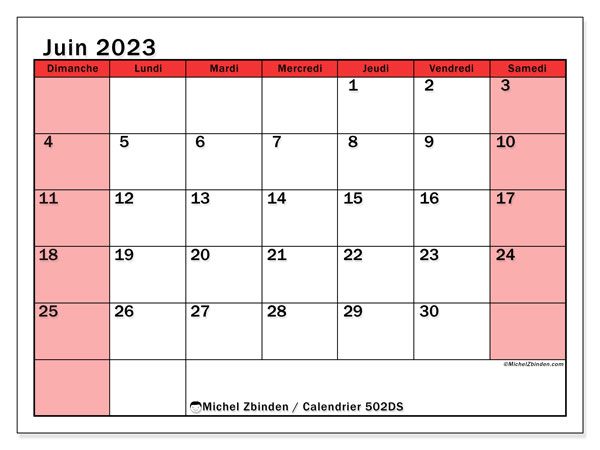 Calendrier juin 2023 “502”. Planning à imprimer gratuit.. Dimanche à samedi