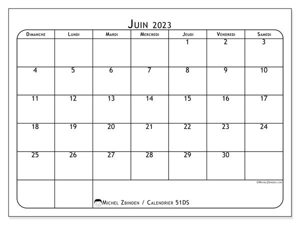 Calendrier juin 2023 “51”. Programme à imprimer gratuit.. Dimanche à samedi