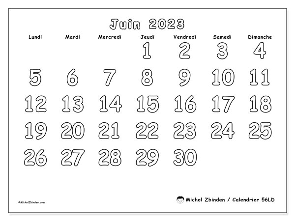 Calendrier 56LD, juin 2023, pour imprimer, gratuit. Planning à imprimer gratuit