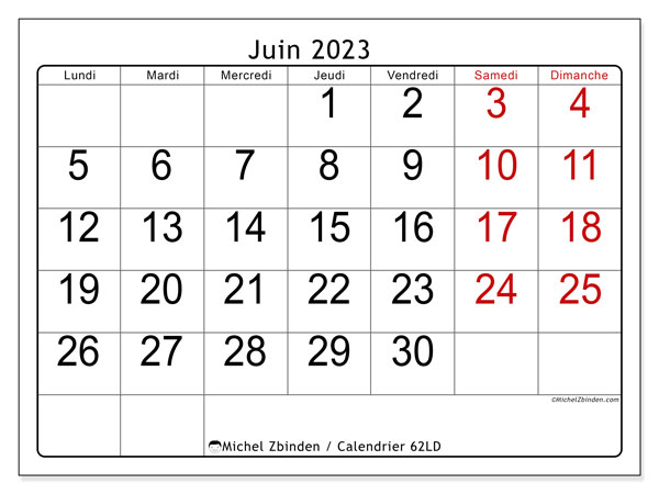 62LD, calendrier juin 2023, pour imprimer, gratuit.