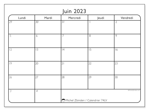 Calendrier juin 2023 “74”. Calendrier à imprimer gratuit.