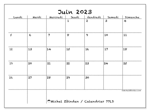 Calendrier juin 2023 “77”. Programme à imprimer gratuit.. Lundi à dimanche