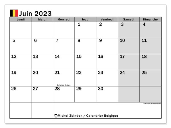 Calendrier juin 2023, Belgique (FR), prêt à imprimer et gratuit.