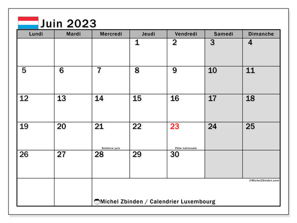 Calendrier avec jours fériés du Luxembourg, juin 2023, pour imprimer, gratuit. Agenda gratuit à imprimer