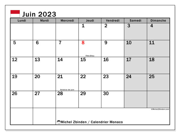 Calendário Junho 2023, Mónaco (FR). Horário gratuito para impressão.