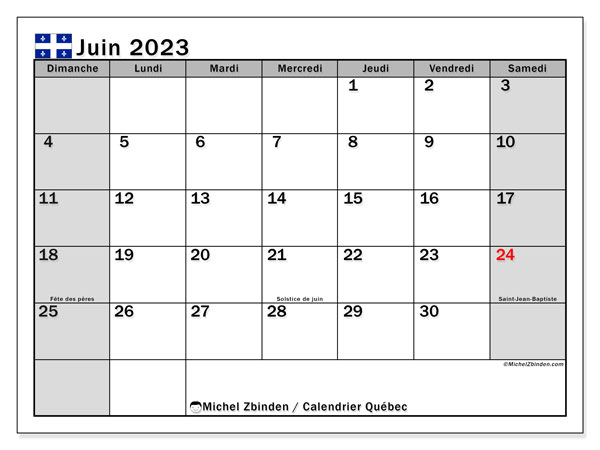 Calendrier juin 2023, Québec, prêt à imprimer et gratuit.