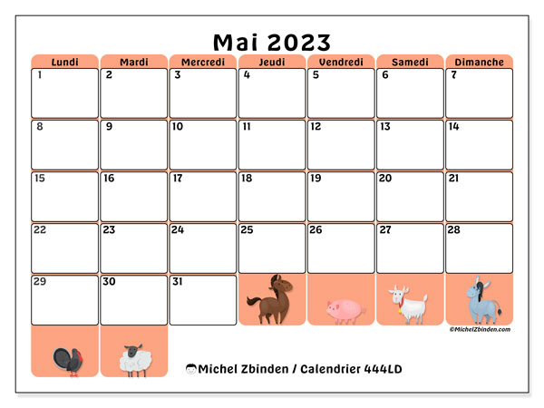 Calendrier Calendriers mai 2023, 444LD, prêt à imprimer et gratuit.