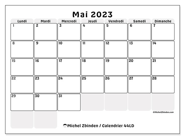 Calendrier mai 2023 à imprimer “44LD”, planning imprimable gratuit, style unique fait de petites cases et fond gris.