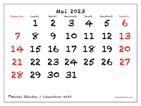 Calendrier mai 2023, 46DS, prêt à imprimer et gratuit.