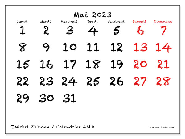 Calendrier mai 2023 à imprimer “46LD”, agenda à imprimer gratuit, avec des grands chiffres et les weekends en rouge.