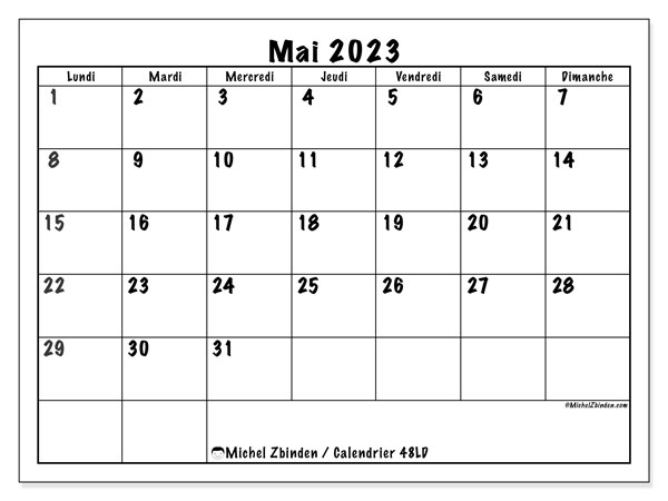 Calendrier mai 2023 à imprimer “48LD”, cédule imprimable gratuite, style classique et écriture au marqueur.